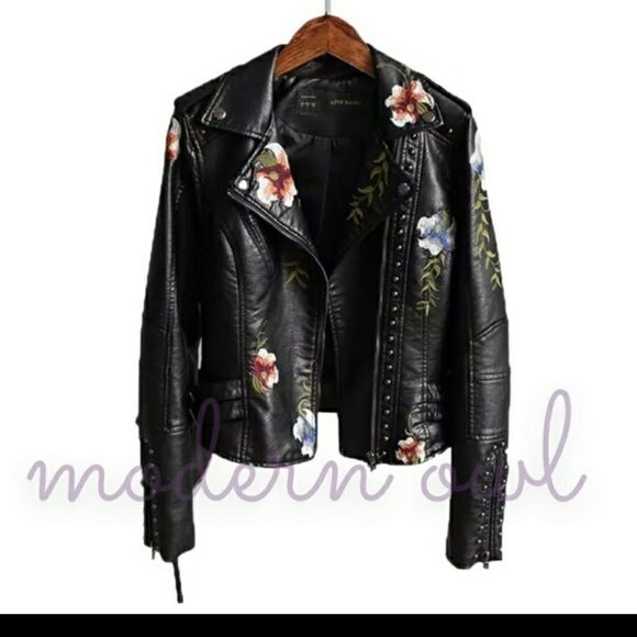 Leather Floral/accented Faux leather Moto Jacket sz L 8-10 XXL 14-16 - Picture 12 of 16
